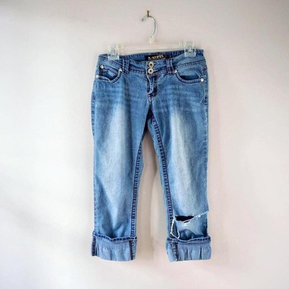 Y2K Denim Capris Cuffed Blue Jean Capris with ripped knee from Angels Jeans - Picture 5 of 8